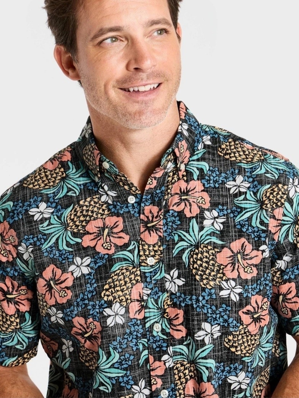 Goodfellow & Co Black Pineapple Floral Short-Sleeve Button-Down Shirt